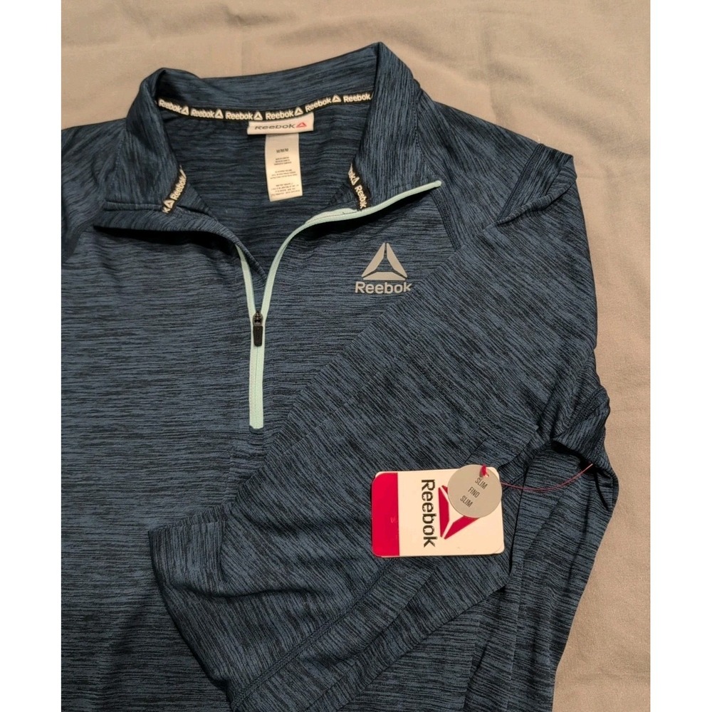 Reebok Quarter Zip Mock Performance Pullover Men's Slim Fit Blue Heather ‎ NWT